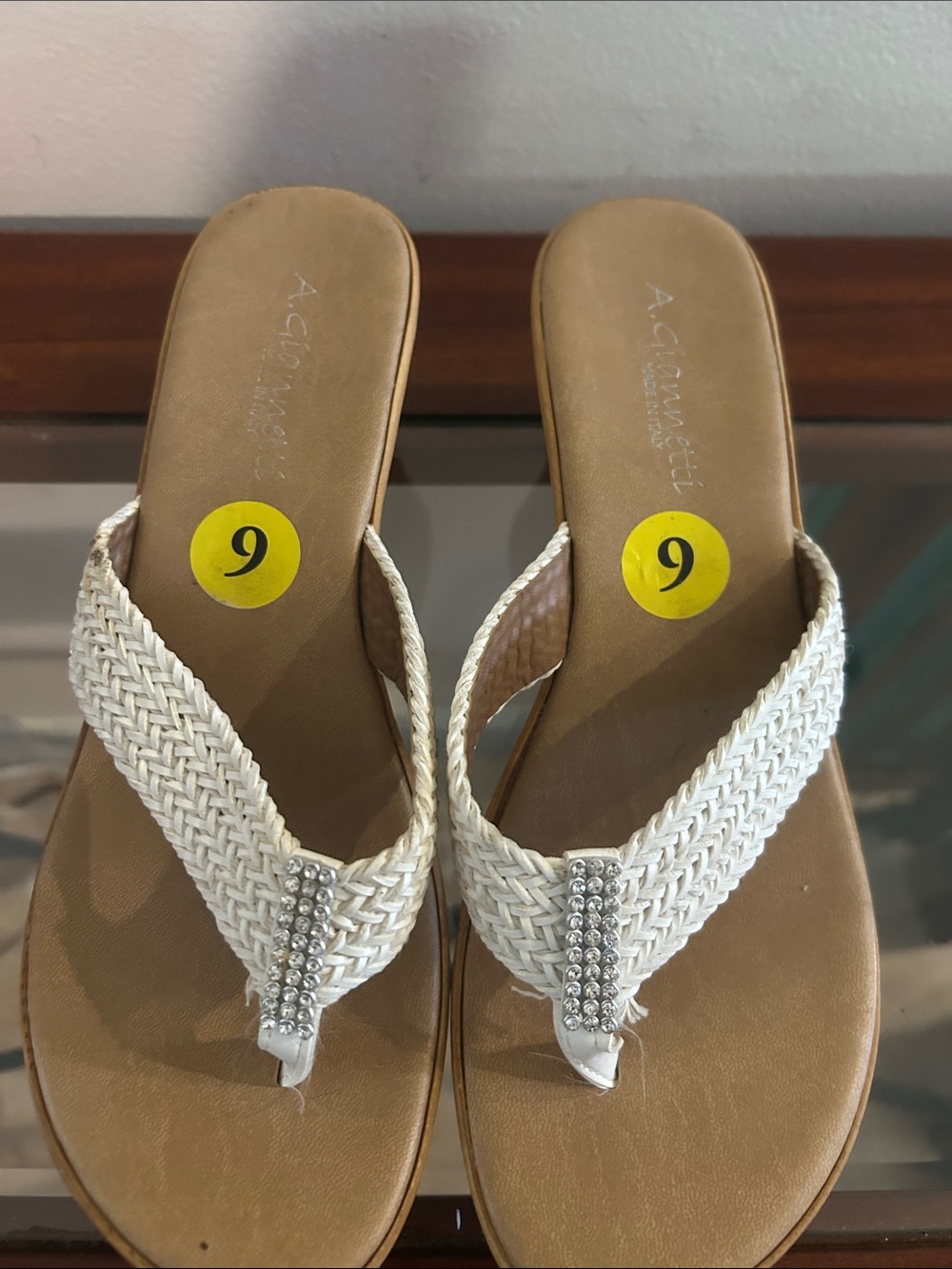 A. Giannetti White Braided Rhinestone Thong Sandals
